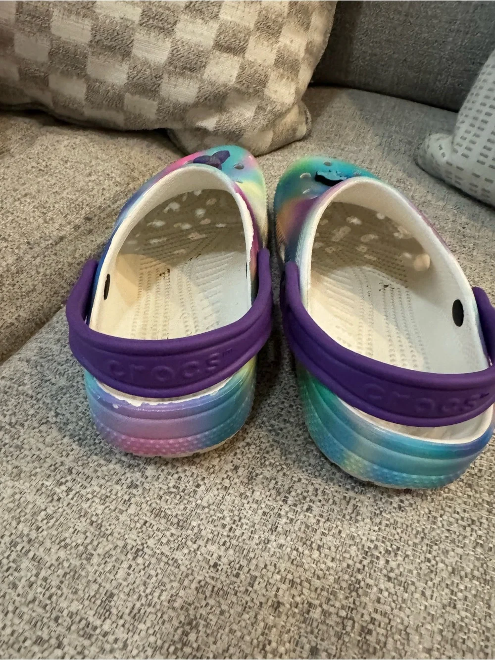 CROCS Kids Rainbow Tie-Dye Clogs with Purple Heel Strap